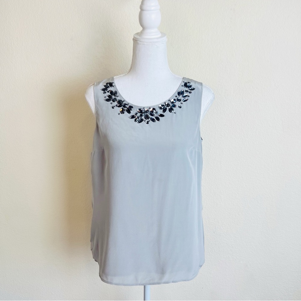 Talbots Grey Floral Rhinestone Gem Embellished Sleeveless Tank Blouse Top